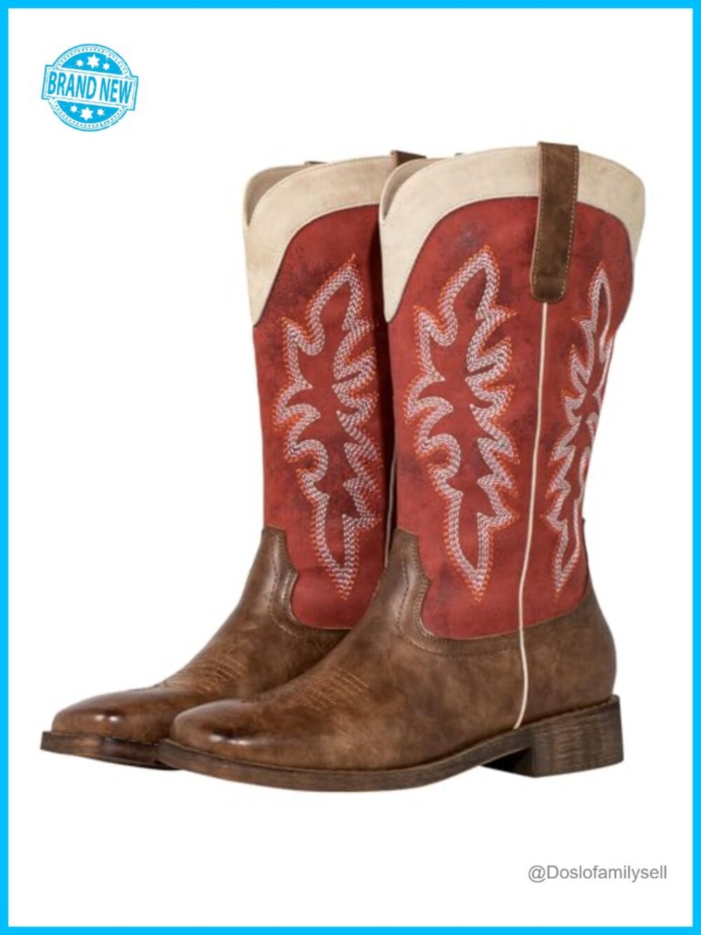 Square Toe Cowgirl Boots Wide Calf Pull-On Embroidered Mid-Calf Western